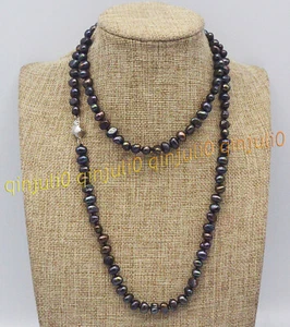 Genuine Natural 7-8mm Black Baroque Pearl Beads Necklaces 14-48'' Silver Clasp - Picture 1 of 11