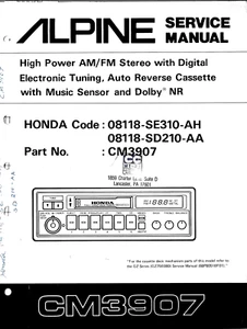 ALPINE CM3907, HIGH POWER AM/FM STEREO W/ DIGITAL ELECTRON TUNING SERVICE MANUAL - Picture 1 of 1