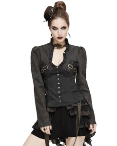 Devil Fashion Womens Steampunk Blouse Top Black Brown Stripe Victorian Gothic - Picture 1 of 24
