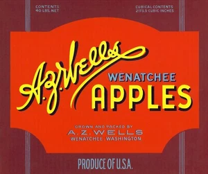 Original A.Z. Etiqueta de caja de manzana Wells Wenatchee Washington Sails Wells rojo - Imagen 1 de 1