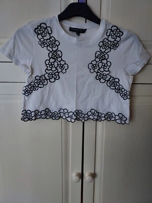 Top Shop White Cotton Cropped Top With Black Embroidered Flowers Size 6 Petite - Image 1 of 4