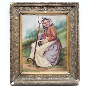 Dipinto antico olio ritratto di donna quadro pittura anziana contadina cornice - Picture 1 of 11