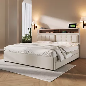 Polsterbett Doppelbett 160x200 cm Bett mit Bettkasten Lattenrost Steckdose Beige - Bild 1 von 13