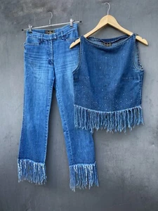 Vintage Fendi Authentic denim fringe set pants with top size 26/42 made in italy - Picture 1 of 9