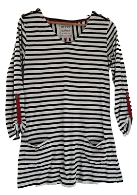 MUDD & WATER.  NAVY STRIPED NAUTICAL TUNIC TOP/TAB SLEES/POCKETS. SIZE 12 - Image 1 of 3