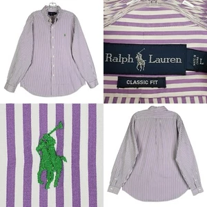 Polo Ralph Lauren Shirt Mens Large  Oxford Button Down LS Purple Vertical Stripe - Picture 1 of 10