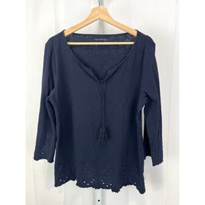 TALBOTS Top zum Binden Ösensaum V-Ausschnitt 3/4 Arm Baumwolle dunkelblau Größe L - Bild 1 von 8