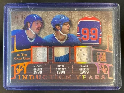 2017-18 Leaf ITG Wayne Gretzky Stastny Goulet Bronze Induction Years Patch #/25 - Image 1 of 2