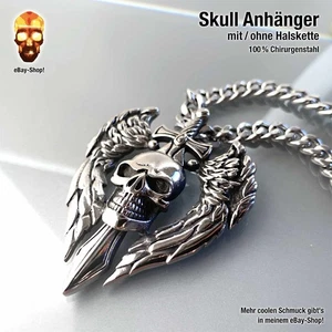 Skull Anhänger - Edelstahl Totenkopf Halskette Panzerkette Biker Herren Flügel - Bild 1 von 7