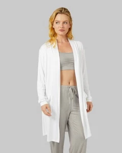 NWT 32 Degrees Heat Soft Comfy Wrap White LS Long Cardigan S/M OpenFront Pockets - Picture 1 of 14