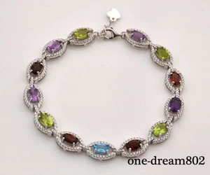 Real 6X4mm.TOP nice garnet amethyst Topaz peridot Zircon 925silver bracelet - Picture 1 of 2