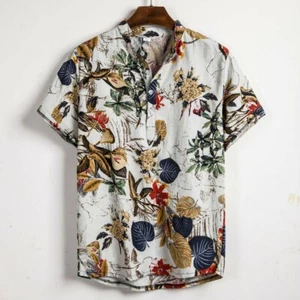 Mens Ethnic Buttons Short Sleeve Cotton Linen Printing Hawaiian Shirt Blouse Y - Picture 1 of 10