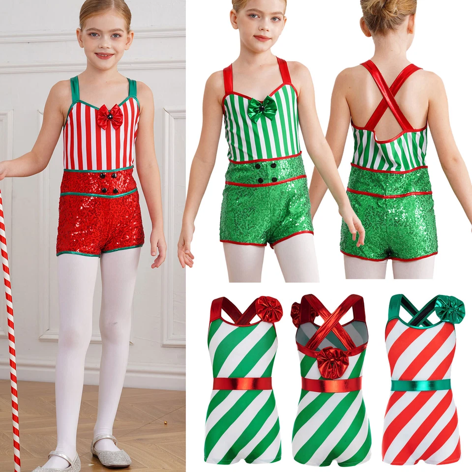 Girls Christmas Elf Costumes Candy Cane Striped Dance Leotard Unitard Gymnastics - Image 1 of 4