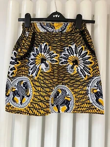 Vibrant African Ankara cotton women's summer mini skirt size S in yellow + navy - Picture 1 of 5