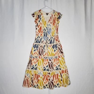 Vestido midi J Crew Point Sur para mujer 4 niveles borla aleteo cuello en V crema multicolor Foto 1 de 4