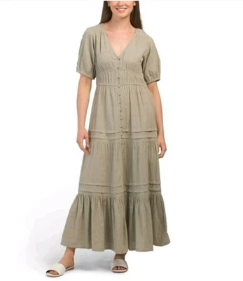 Lucky Brand Womens XL Dress Tiered Long Midi Bohemian Green Short Sleeve Cotton  - Image 1 of 4