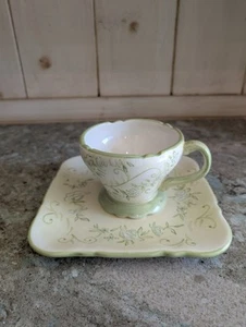 TRACY PORTER Hand Painted "Olivia" Green Floral Scroll Mug & Plate Cup & Saucer - Picture 1 of 15