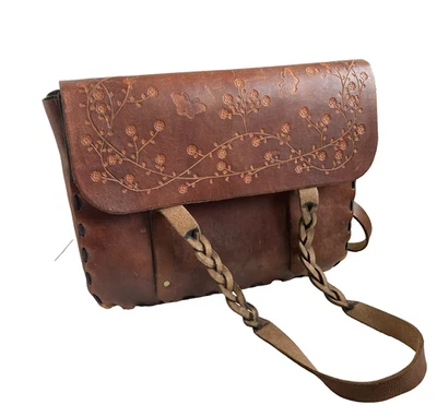 Vintage Tooled Leather Messenger Bag Purse BOHO Brown Crossbody VTG - Image 1 of 4