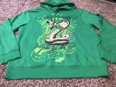 ED HARDY NUEVA YORK CIUDAD SUDADERA CON CAPUCHA VERDE SERPIENTE GRÁFICA con ACE de SPADES L Foto 1 de 4