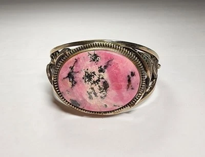 BEAUTIFUL Raspberry Black Colored Rhodonite Hinged Cuff Bracelet Made in Russia  - Image 1 of 4