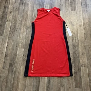 Neu Calvin Klein Medium Kleid rot ärmellos Baumwolle schwarz Streifen - Bild 1 von 7