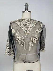 Antique Victorian 1890s Black Net Lace Top With Cream Floral Embroidery - Picture 1 of 10