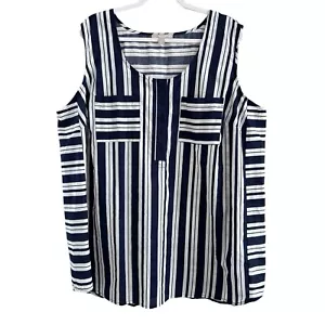 Woman Within Tunic Blouse Navy Blue White Stripe Cotton Sleeveless Women’s 1X - Picture 1 of 8