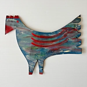 R A Miller VOLKSKUNST Hahn Gemälde auf Metall früh 2-seitig AUSSENSEITER - Bild 1 von 8