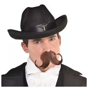 Handlebar Moustache Brown Cowboy Fancy Dress Halloween Adult Costume Accessory - Picture 1 of 1