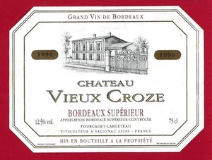 82/65 Etikett Label BORDEAUX SUPERIOR CHÂTEAU VIEUX CROZE 1990 - Bild 1 von 3