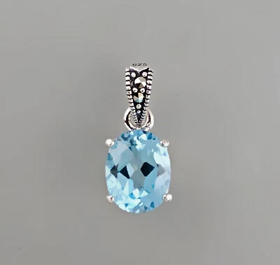 9923337 Vintage 925er Ciondolo Argento Topazio Blu Ovale Marcasite L2cm - Immagine 1 di 3
