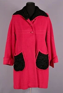 VTG Women's 40s Red Wool Swing Coat W Black Fur Sz M/L 1940s Winter - Picture 1 of 11
