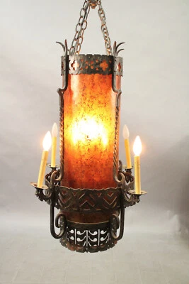 Candelabro de ferro gótico revival espanhol década de 1920 mica pingente de luz (14921 - Imagem 1 de 4