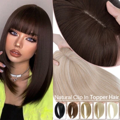 As Human Hair Women Topper 100% Remy Top Hairpiece False Clip In Silk Base Wig - Image 1 of 4
