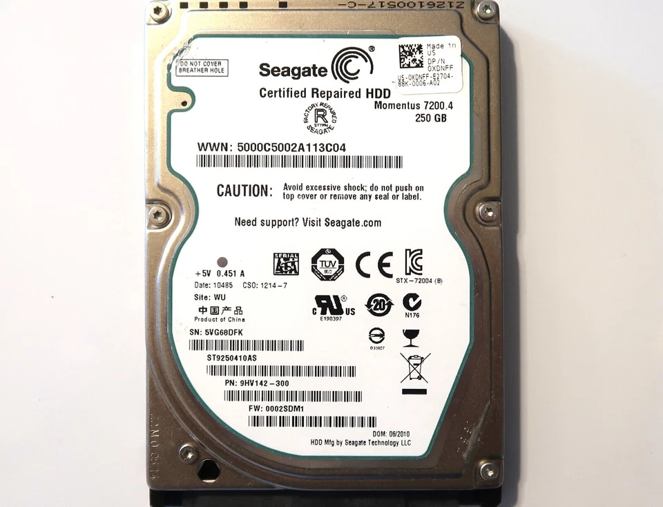 Seagate ST9250410AS 9HV142-300 FW:0002SDM1 WU 250gb 2.5" Sata Hard Drive 06/2010 - Image 1 of 1
