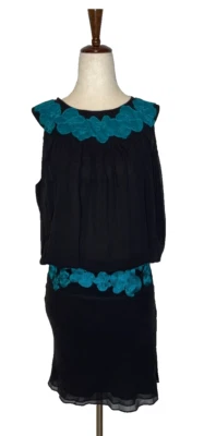 Catherine Malandrino Silk Sleeveless Blouson Dress Size 8 Black Teal Embroidered - Image 1 of 4