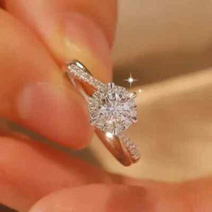 1Ct Round Cut Real Moissanite Solitaire Women Wedding Ring 14K White Gold Plated - Picture 1 of 10