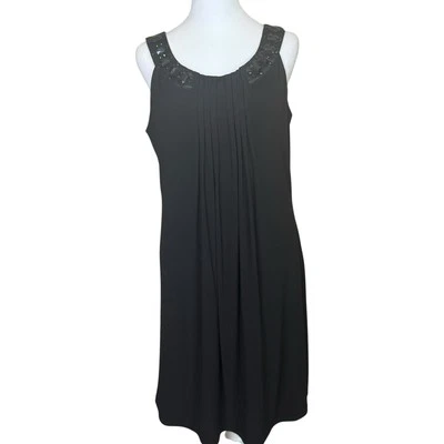 Julian Taylor Black Swing Evening Dress Pleated Neck Jeweled Trim Size 12 Event - Image 1 of 4