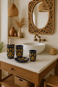 Juego de accesorios de baño de cerámica naranja - Dispensador de 3 piezas, soporte, plato - Imagen 1 de 1