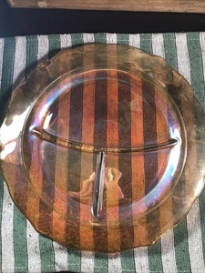 Vintage Federal Normandie Marigold Carnival Glass Iridescent Divided Grill Plate - Picture 1 of 3