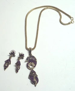 Purple & Citrine-Yellow Rhinestone Fancy Necklace Pierced Earring Set- Gold Tone - Picture 1 of 5