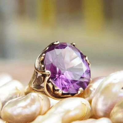 4 Ct 14k Yellow Gold Plated Lab Created Amethyst Solitaire Ring Cocktail Ring - Image 1 of 4