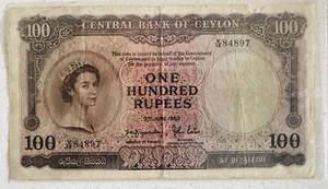 British Ceylon 100 Rupees  1952  Queen Elizabeth Bank note - Picture 1 of 2