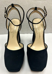 Jessica Simpson Black Suede Platform Heels Ankle Strap Square Toe Sz 5.5M - EUC! - Picture 1 of 8