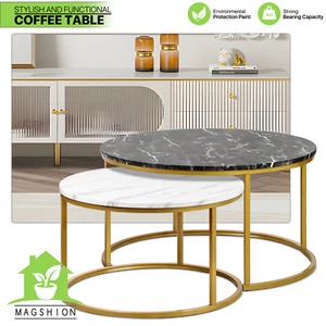 Set of 2 Black & White Nesting Coffee Side Table Round Wooden Marbling Tabletop - Picture 1 of 10
