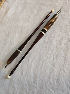 2 Magnusson Style Straight Pen Holders Turned Wood And Horn Beauty - Picture 1 of 24