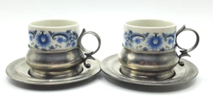 Weidmann Pewter Espresso Cup Holders Saucers Cups Porcelain Italy Set of Two - Picture 1 of 12