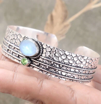 Moonstone & Peridot Cut Gemstone 925 Sterling Silver Bangle Spacial Gift Jewelry - Image 1 of 4