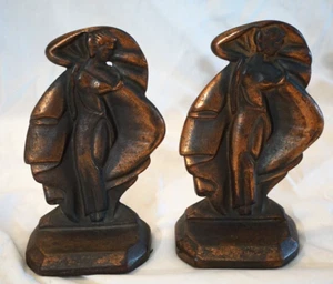 ANTIQUE ART DECO 1929 MISS MODERNE CAST IRON BRONZE FINISH BOOKENDS NICE PATINA - Picture 1 of 18
