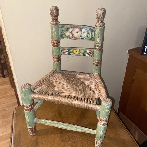 Vtg Rush Seat Childs Doll Hand Painted Wooden Chair Folk Art Primitive Green Cover